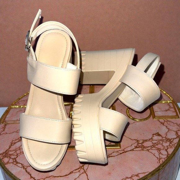 6.5 37 Cream Platform Chunky Heel Sandals Ankle Strap Shoes Ivory Retro Vegan - Picture 4 of 6